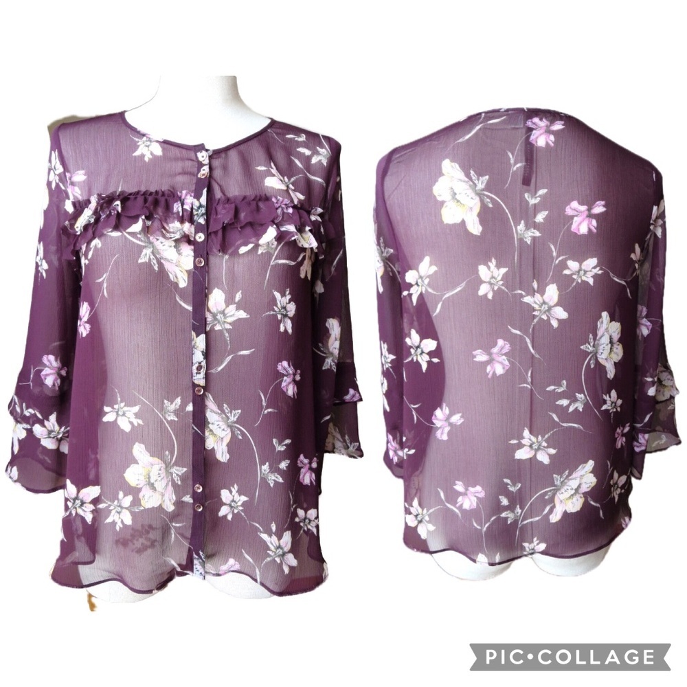 Lauren Conrad Sheer Plum‎ Floral Button-Down Bell Sleeves Blouse – Size XS